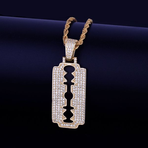 Hot vendedor dos homens hip hop jóias de ouro fatia de barbear pingente colar charme Bling Cubic Zircon com corda cadeia para presente