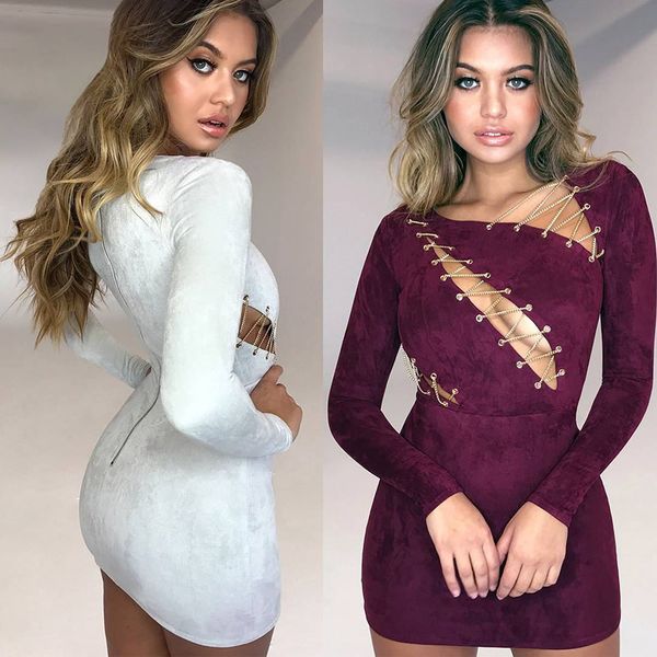 

party dresses women suede leather dress fashion spring autumn bodycon bandage design club dressing, White;black