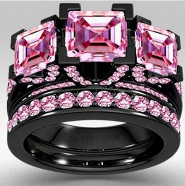Choucong Style Princess Cut 6ct Pink Sapphrie 5A Zirkon Stein Schwarzgold 925 Sterling Silber Verlobung Ehering Ring Set