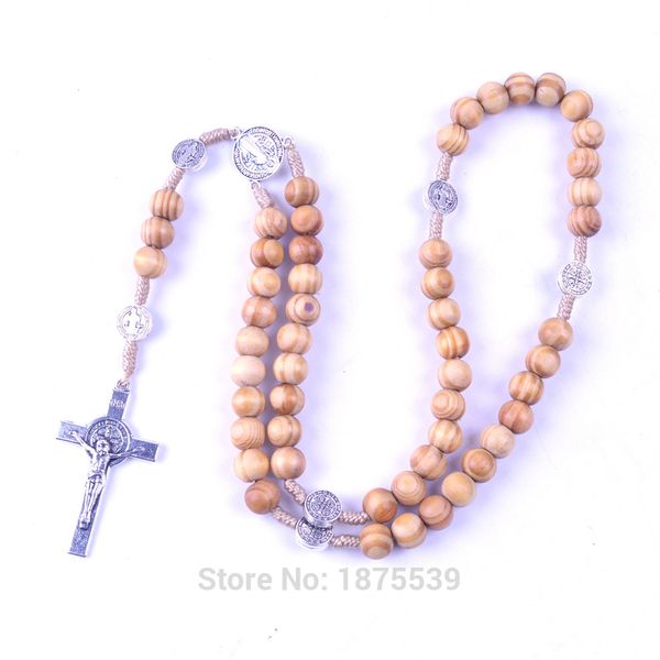 

round wood bead alloy father bead st benedict crucifix center medal catholic rosary, Silver