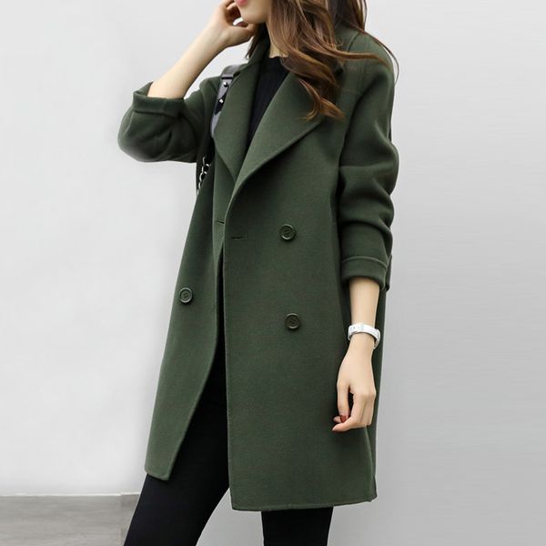 

2018 new womens wool blend coat turn down collar slim belt double breasted coats autumn winter elegant female overcoat 6q0475, Black