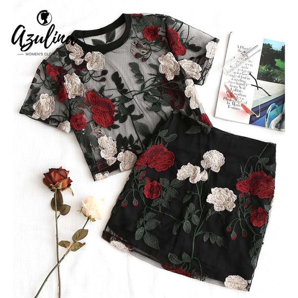 AZULINA Floral Embroidered Mesh Blouse Pencil Skirt Set Sexy 2 Pieces Women Set Streetwear Flower Summer Beach High Waist Skirts