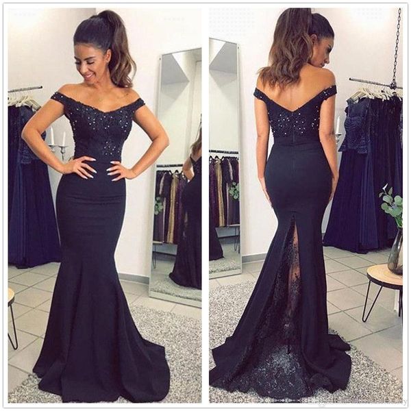 

Navy Blue Off The Shoulder Satin Mermaid Long Prom Dresses Lace Applique Beaded Sweep Train Formal Party Evening Bridesmaid Gowns