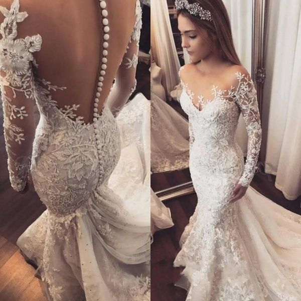 

princesses mermaid wedding dresses with sleeve sheer neck applique lace slim saudi arabia bridal gowns robes de mariÃ©e 2019 fishtail beaded, White
