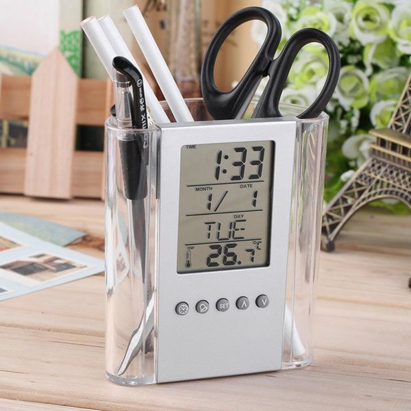 

digital desk pen pencil holder calendar display lcd alarm clock