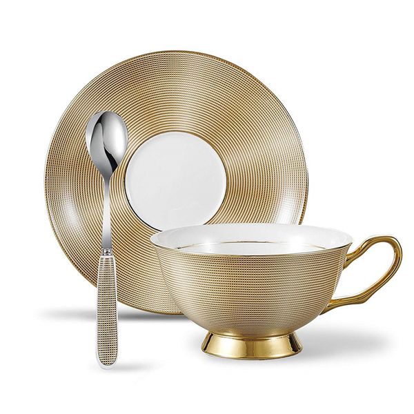 3-teiliges Teetassen- und Untertassen-Set aus Knochenporzellan mit Löffel, 200 ml/6,8 oz, goldenes Gitter