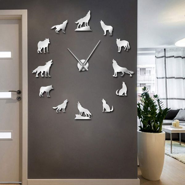 

1piece different wolf pose diy wall clock modern howling wolf frameless wall watch wildlife animal giant 3d mirror sticker