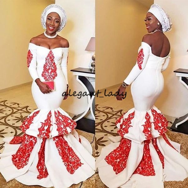 

long sleeve evening dresses off shoulder red lace appliques zipper backless mermaid nigerian prom dress glamorous dubai vestidos de fiesta, Black;red