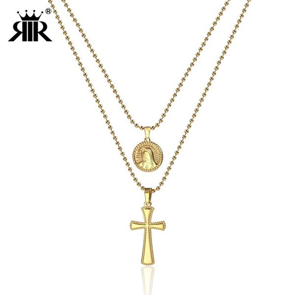 

rir multilayer cross virgin mary pendant necklace silver gold stainless steel religious style cross charm necklace for women