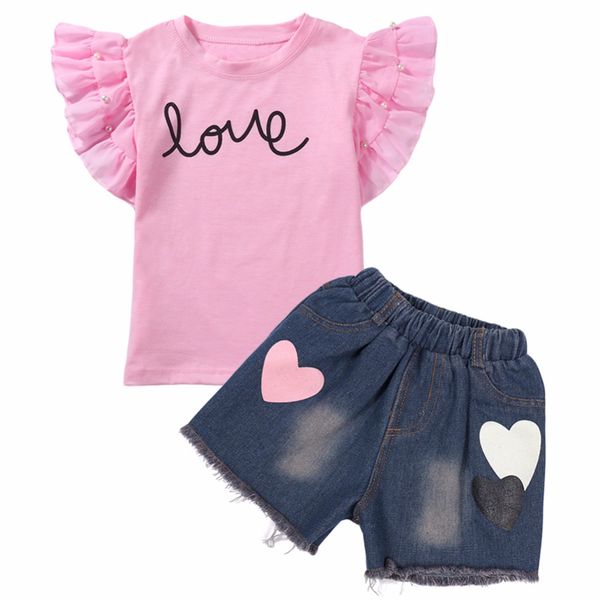 

baby girls clothing sets 2018 summer new petal sleeve short sleeve+letter love printed denim shorts 2pcs kids clothing sets 2-7t, White