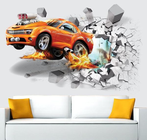 

3d car dinosaur wall stickers broken wall art decal car wall poster kids room decoration boys favors