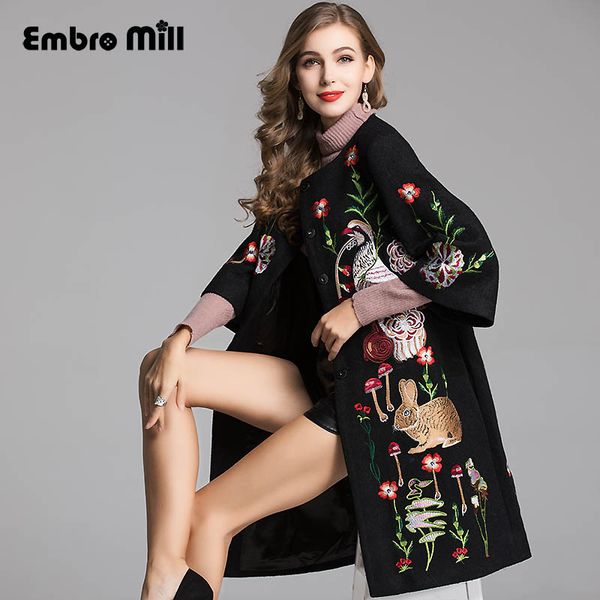 

high-end winter trench coats for women vintage elegant floral woolen embroidery loose lady overcoat female m-xxl, Black