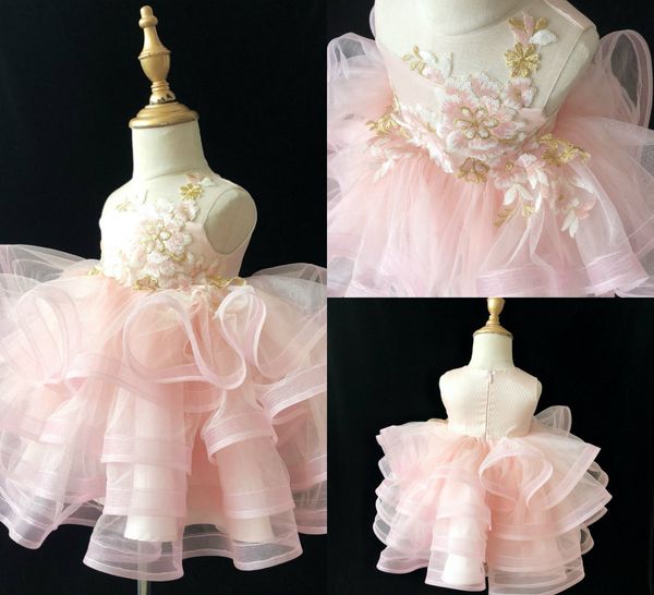 Little Muse Flower Girl Vestidos para Casamento Lace Appliques Lantejoulas Jóias Neck Tiered Saias Meninas Pageant Dress Kids Formal Wear