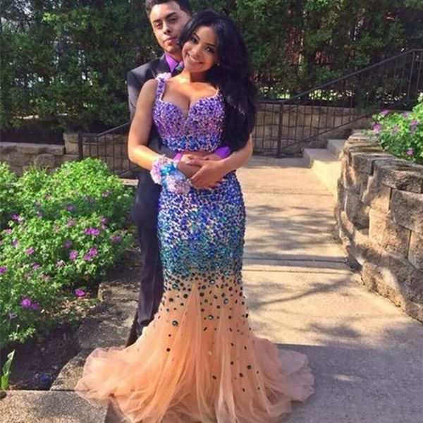 

tulle crystal sweetheart major beaded blue and nude two pieces prom dress mermaid evening gowns with colorful beads, Black;red
