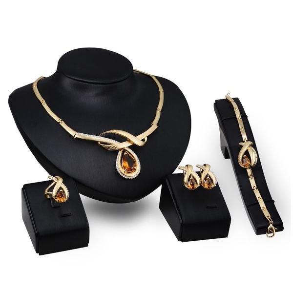 Set di gioielli da sposa in oro 18 carati con ciondolo in oro 18 carati di Dubai Set di gioielli da sposa con diamanti africani (collana + bracciale + orecchini + anello)
