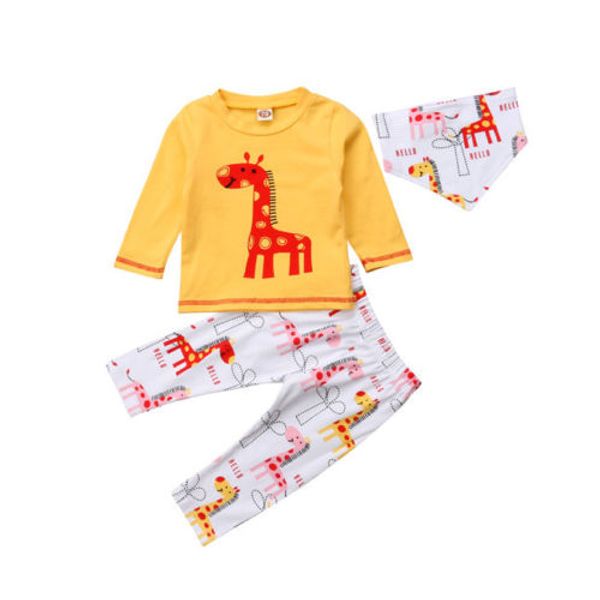 

3pcs newborn kids baby boy girl giraffe t-shirt coat sweatshirt bibs outfit, White