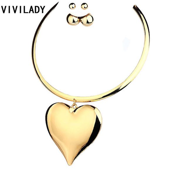 

vivilady fashion heart pendants jewelry sets wedding women gold color zinc alloy chain torques chokers necklaces earrings gifts, Silver
