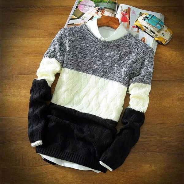 

2018 autumn winter new men's clothing fashion casual sweater thick knitted shirts warm striped plus size shirt o neck pullovers, White;black