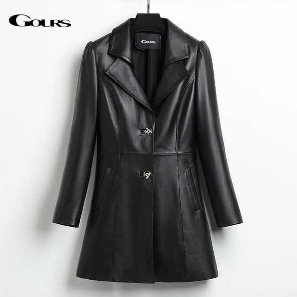 

gours genuine leather coat for women winter fashion classic long sleeve slim overcoat ladies windbreak sheepskin jacket hs201, Black