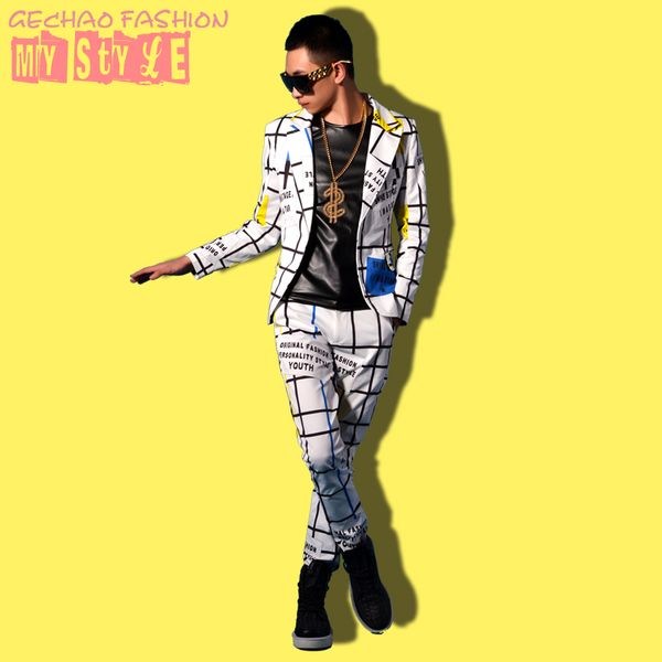 

2018 stripy checked visual suit set stage performance bar singer party dress s-6xl customized stage costumes, White;black