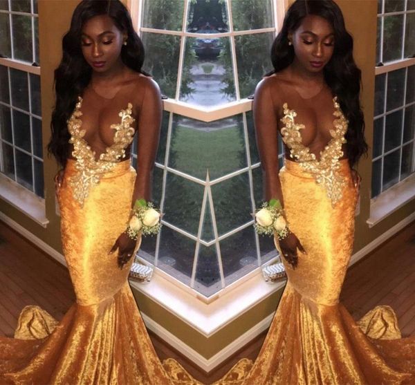 

2018 daffodil velvet mermaid prom dresses nude mesh sleeveless lace appliqued formal evening party wear african black girls wear