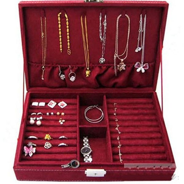 

3 colors velvet large capacity studs earrings rings necklace storage case jewelry box 2017 new