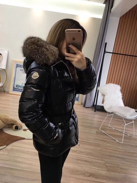 

women winter m duck down coat 100% real large raccoon fur collar m down jacket hooded waist thick duck down parkas, Black