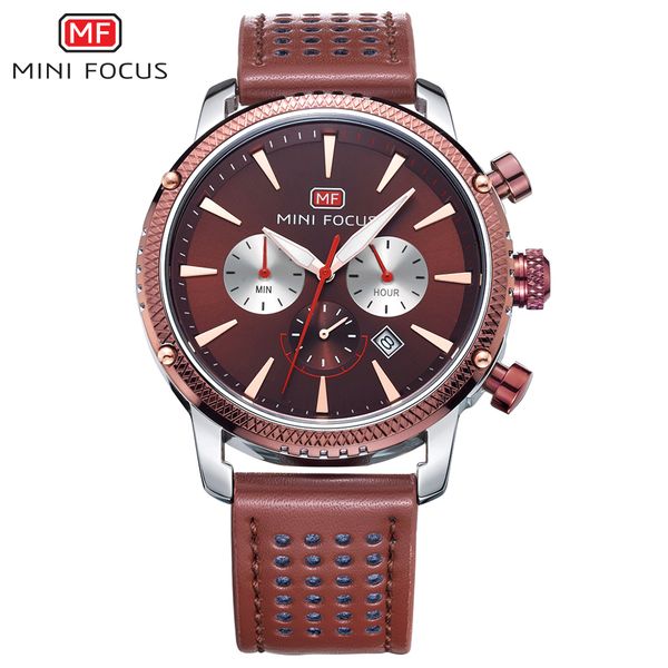 

mens blue genuine leather quartz business man watches waterproof calendar chronograph black brown mini focus brand male clocks, Slivery;brown