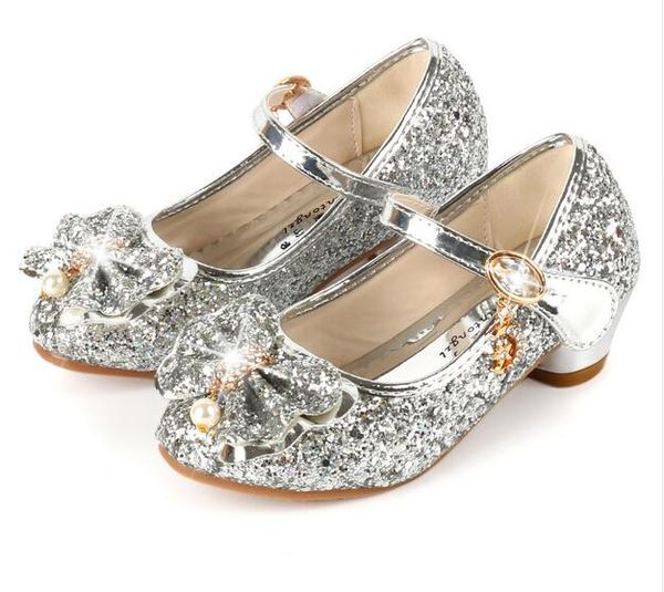 

princess kids leather shoes for girls flower casual glitter children high heel girls shoes butterfly knot blue pink silver ga579, Black;red