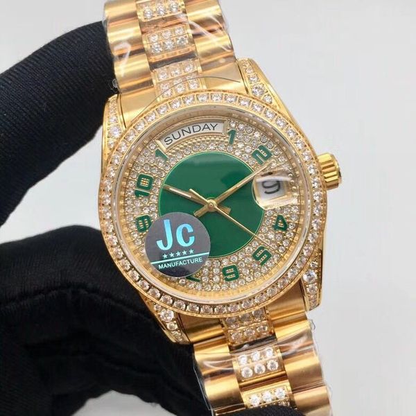 

new style fashion watches 36mm green dial diamonds case gold stainless steel watch sapphire asia 2836 movement watches, Slivery;brown
