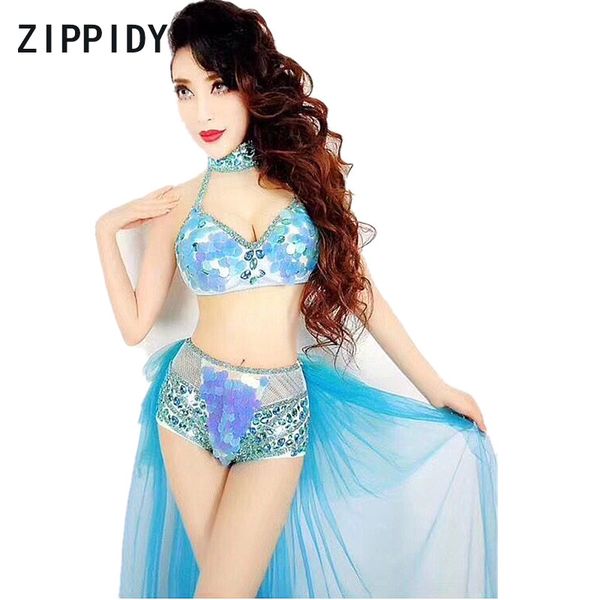 

new blue sequins sparkly big rhinestones bra short mesh tail bikini dance show female singer stage set evening party outfit set, Black;red