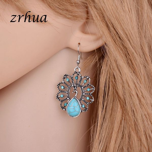 

zrhua brand vintage fashion peacock retro green drop earrings for women elegant dangle brincos party jewelry pendientes brinco, Silver