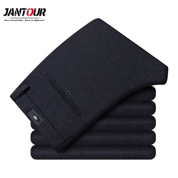 

jantour winter style thick men's casual pants middle cotton men straight long suits pants button business leisure trousers male, Black