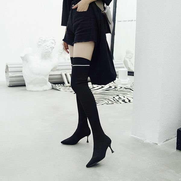 

2018 new pattern autumn and winter high fine with elastic boots overknee lanky boots wool woman, Black