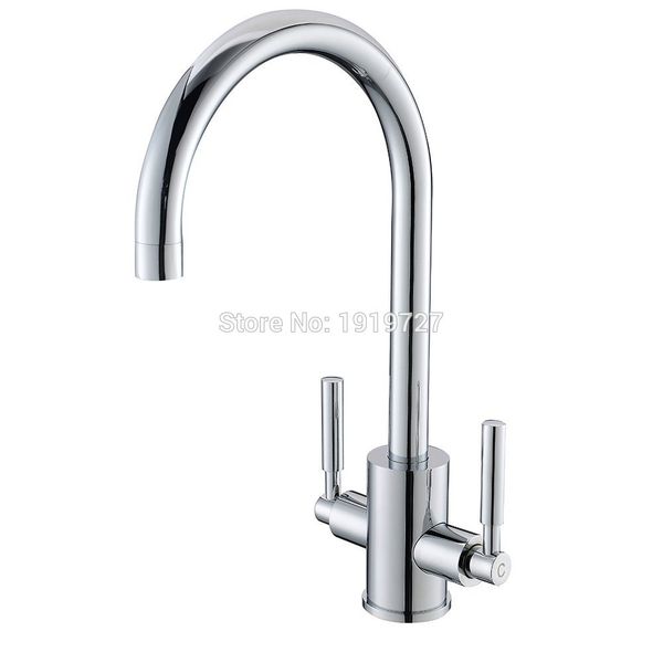 

wholesale 100% solid brass double handle swivel spout kitchen sink mixer taps silver chrome mixer sink tap