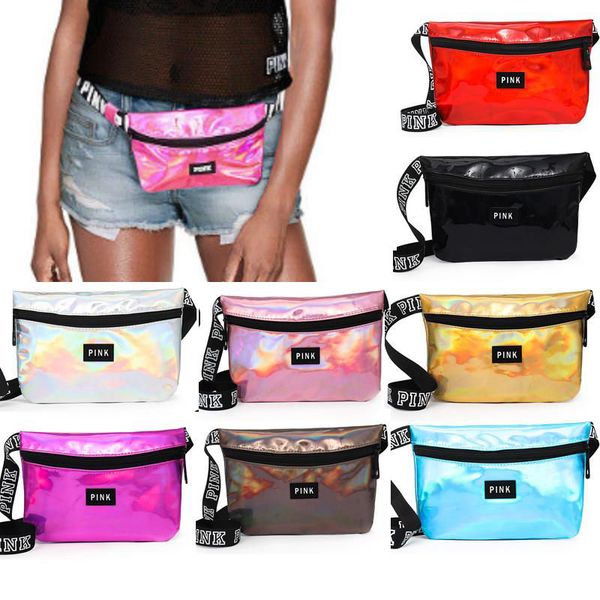

9 color pink letter printed la er wai t bag pink rainbow hologram hiny wai tpack tran lucent waterproof beach bag outdoor bag 20pc