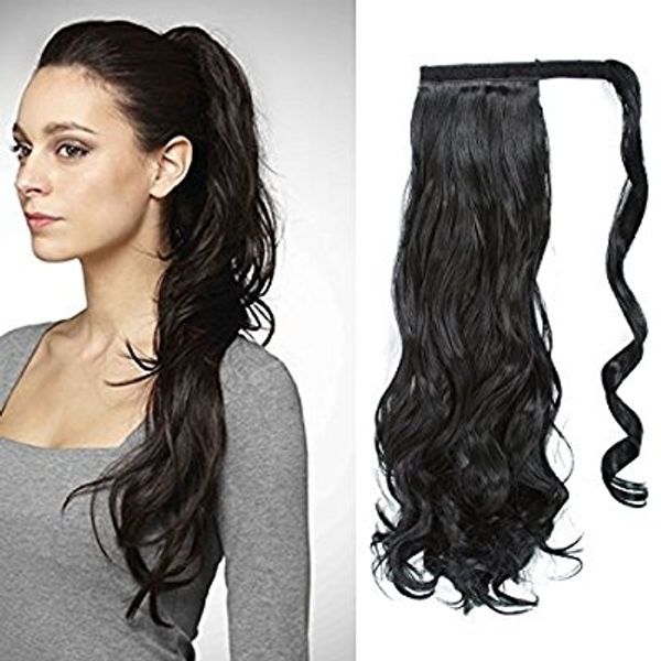 

wrap around women hairstyle wavy curly ponytail hairpiece clip in human hair ponytail extension 140g natural black 1b ship