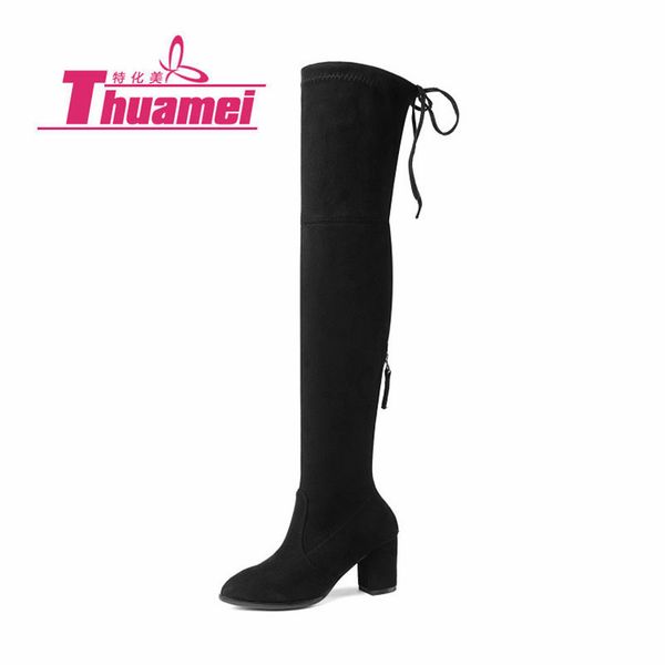 

platform 6.5cm high heels motorcycle women's fashion knee high autumn women boots shoes woman botas #y0792496f, Black
