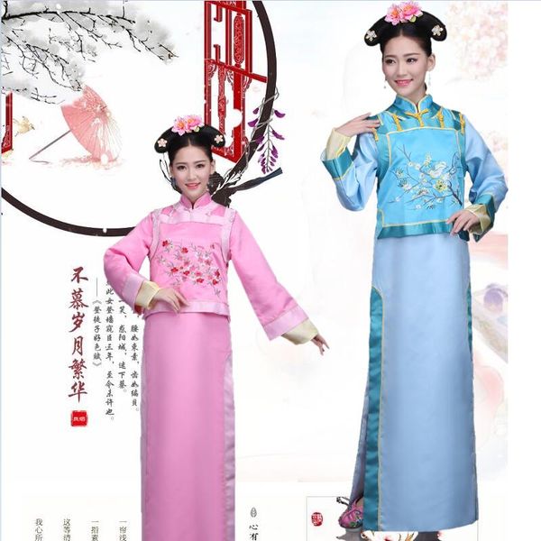 Yeni mavi ve pembe Qing hanedanı prenses elbise Çin antik mançu elbisesi zarif kadın etnik giyim