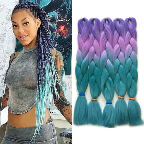 

purple blue green four tone ombre color xpression braiding hair extensions kanekalon high temperature fiber crochet braids hair 24 inch 100g, Black