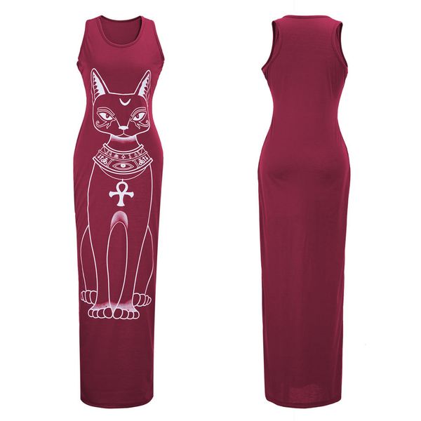 

Women Tank Maxi Sheath Dress Women Sleeveless Crew Neck Cotton Cat Printed Dress Cotton Casual Spring Summer Long Dress