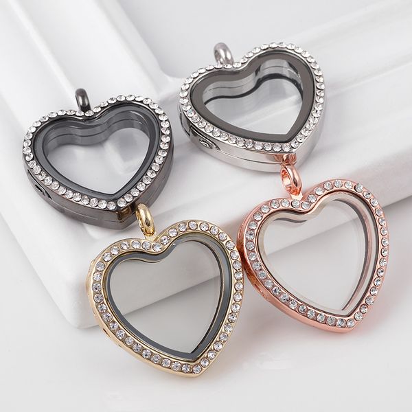 

fashion 30mm 5pcs rhinestone heart floating memory locket necklace round living magnetic glass lockets without chain wholesale, Black
