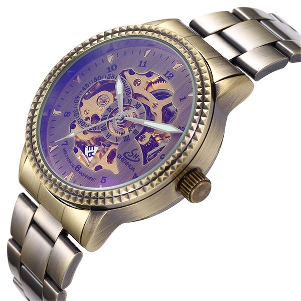 

shenhua mens retro skeleton automatic mechanical watch steampunk men vintage bronze plating transparent wrist watches clock man, Slivery;brown