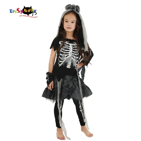 

eraspooky halloween costume for kids scary skeleton zombie girls dress ghost child carnival party cosplay headpiece fancy dress, Black;red