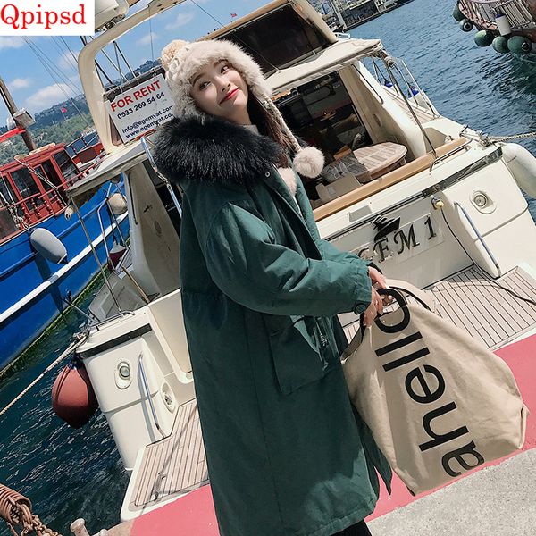 

winter jacket female 2018 fashion big fur collar down parkas womens long hooded cotton-padded coats ladies thicken warm jackets, Black