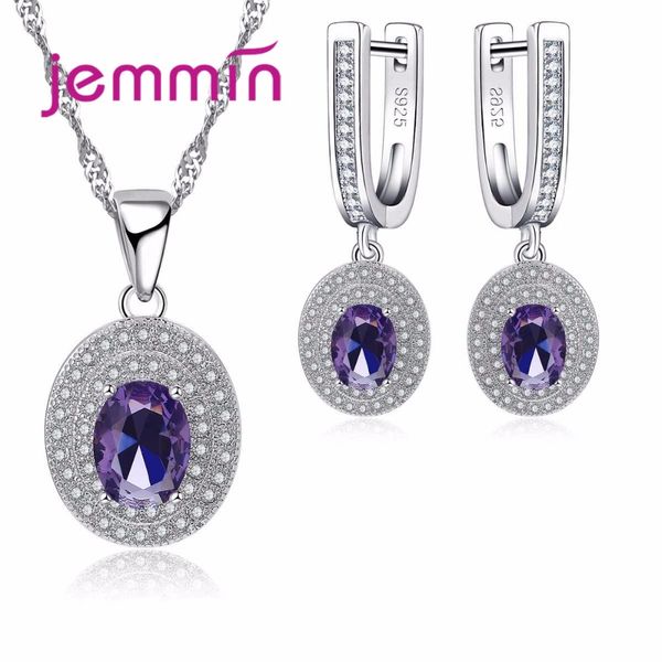 

jemmin round purple oval cut amethyst pendant necklace earrings for women wedding fashion 925 sterling silver jewelry sets, Black