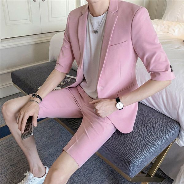 

2018 summer middle length sleeve short pants style men suits custom made slim fit casual 2 pieces beach wedding suits party blazer tuxedo, Black;gray