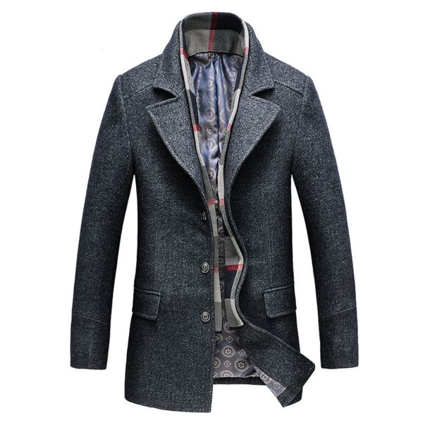 

winter coat long men warm thick jacket turn-down collar solid single breasted pockets trench men's button detachable scarf, Tan;black