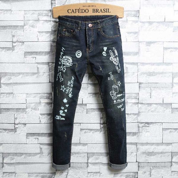 

2019 men painted jeans printing distressed ripped denim pants casual fashionable pencil pants mid waist colorful new, Blue