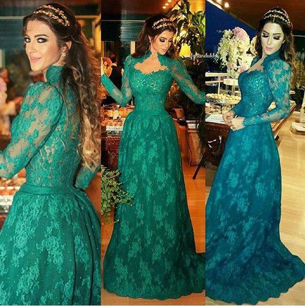

High Collar Evening Dresses Long Sleeves Appliques Lace Prom Gowns Long Custom Made Saudi Arabic Party Dress